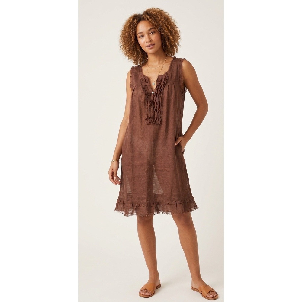 Pepitos Made In Italy Sz S 100%Linen Sheer Shift Dress Mocha Breathable Relaxed